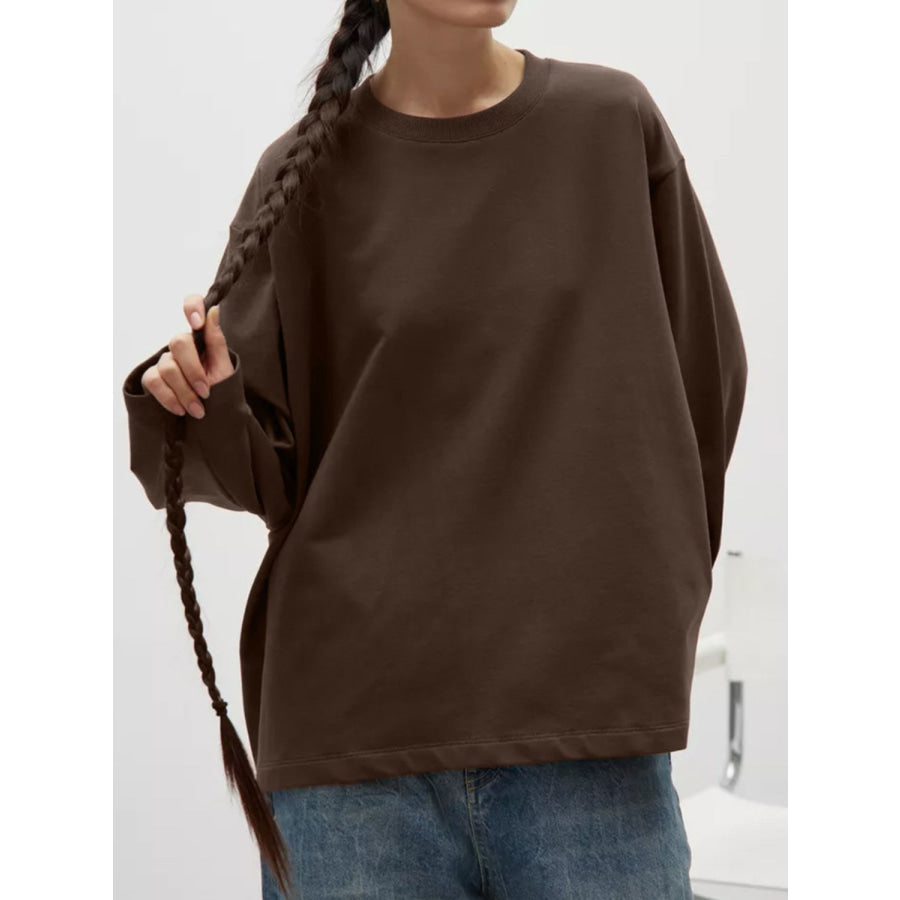 Round Neck Dropped Shoulder Long Sleeve T-Shirt Dark Brown / S Apparel and Accessories