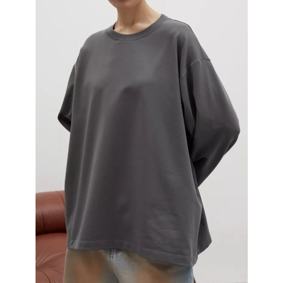 Round Neck Dropped Shoulder Long Sleeve T-Shirt Dark Gray / S Apparel and Accessories