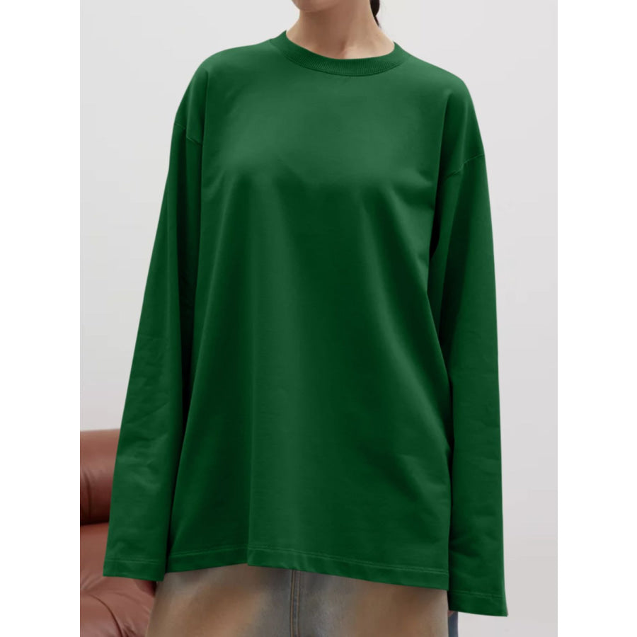 Round Neck Dropped Shoulder Long Sleeve T-Shirt Dark Green / S Apparel and Accessories