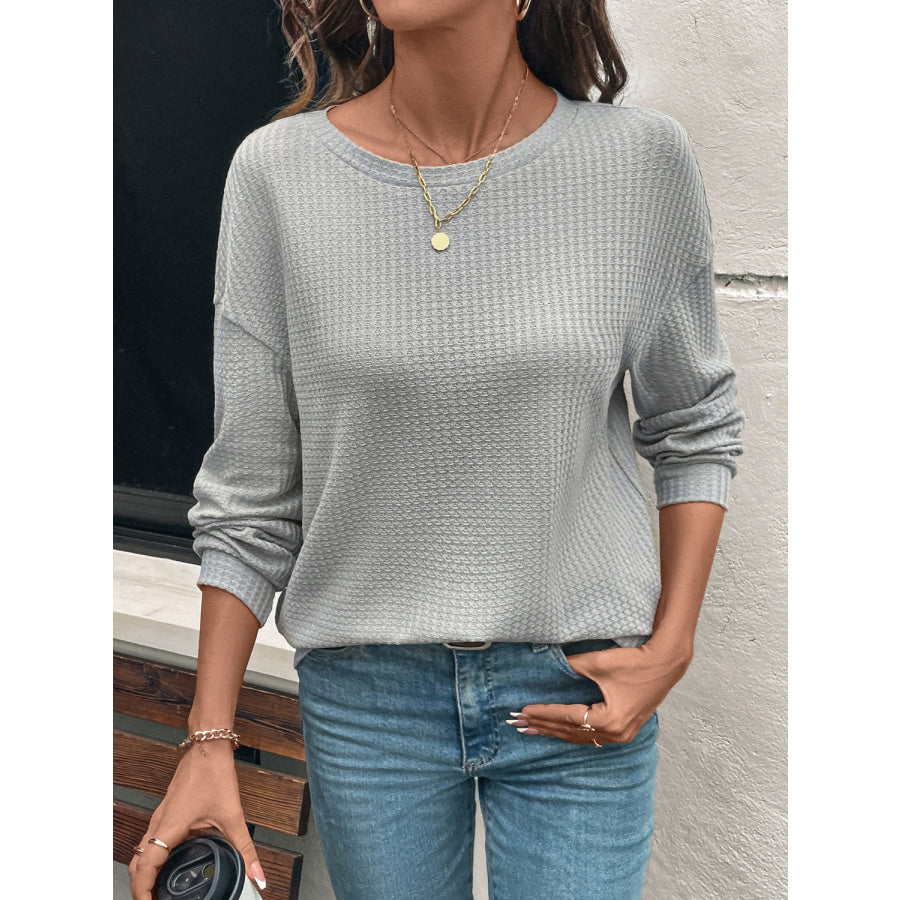 Round Neck Dropped Shoulder Long Sleeve T-Shirt Gray / S Apparel and Accessories