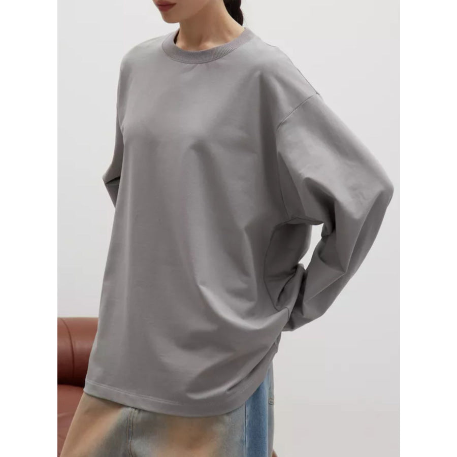 Round Neck Dropped Shoulder Long Sleeve T-Shirt Light Gray / S Apparel and Accessories