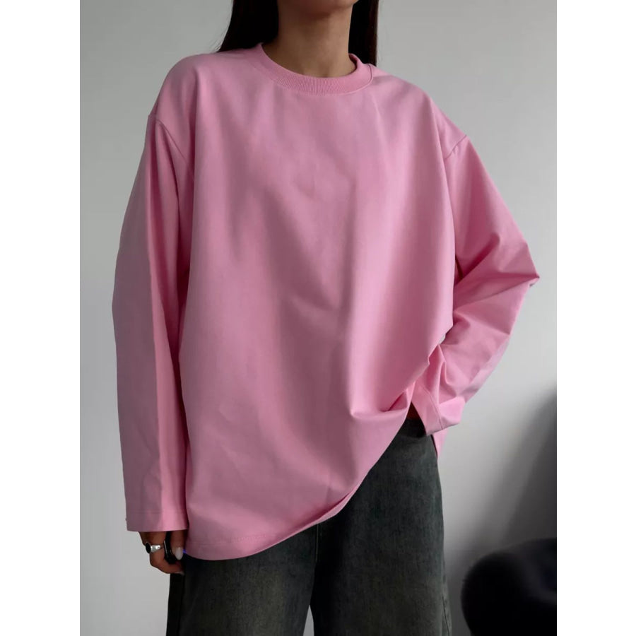 Round Neck Dropped Shoulder Long Sleeve T-Shirt Pink / S Apparel and Accessories