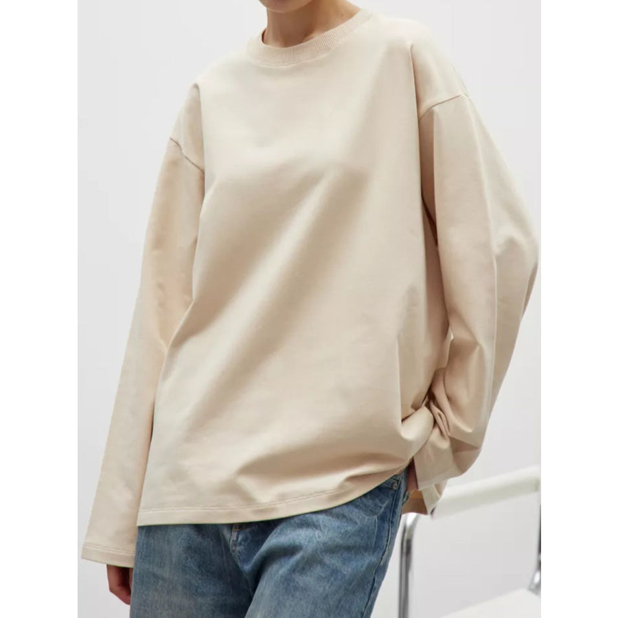 Round Neck Dropped Shoulder Long Sleeve T-Shirt Tan / S Apparel and Accessories