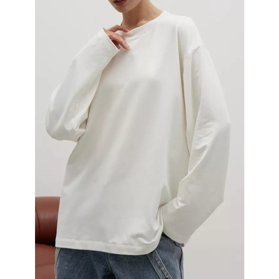 Round Neck Dropped Shoulder Long Sleeve T-Shirt White / S Apparel and Accessories