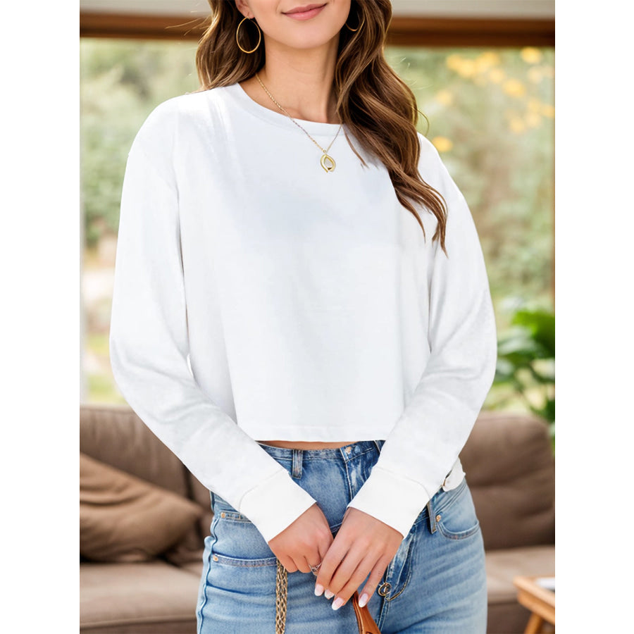 Round Neck Dropped Shoulder Long Sleeve T-Shirt White / S Apparel and Accessories