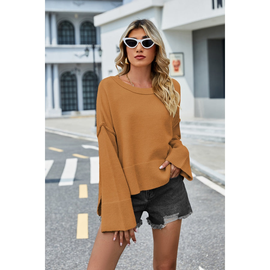 Round Neck Dropped Shoulder Slit Sweater Ochre / S