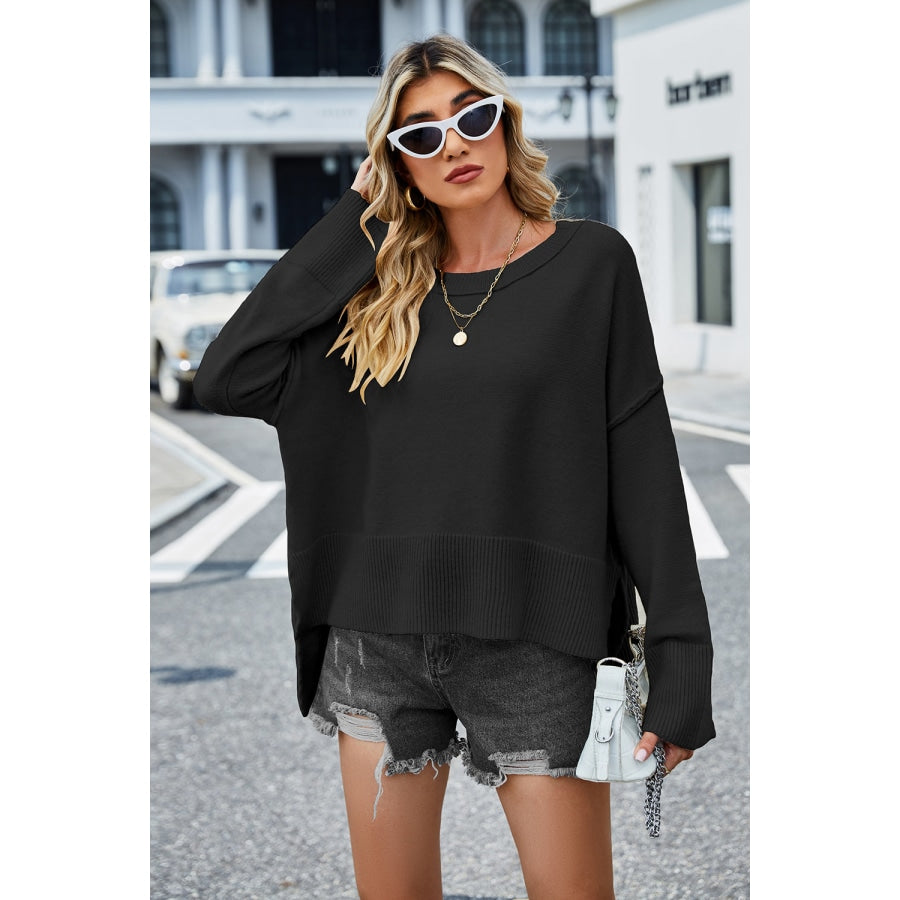 Round Neck Dropped Shoulder Slit Sweater