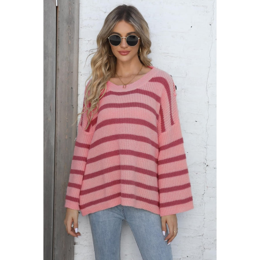 Round Neck Dropped Shoulder Striped Sweater Carnation Pink / One Size