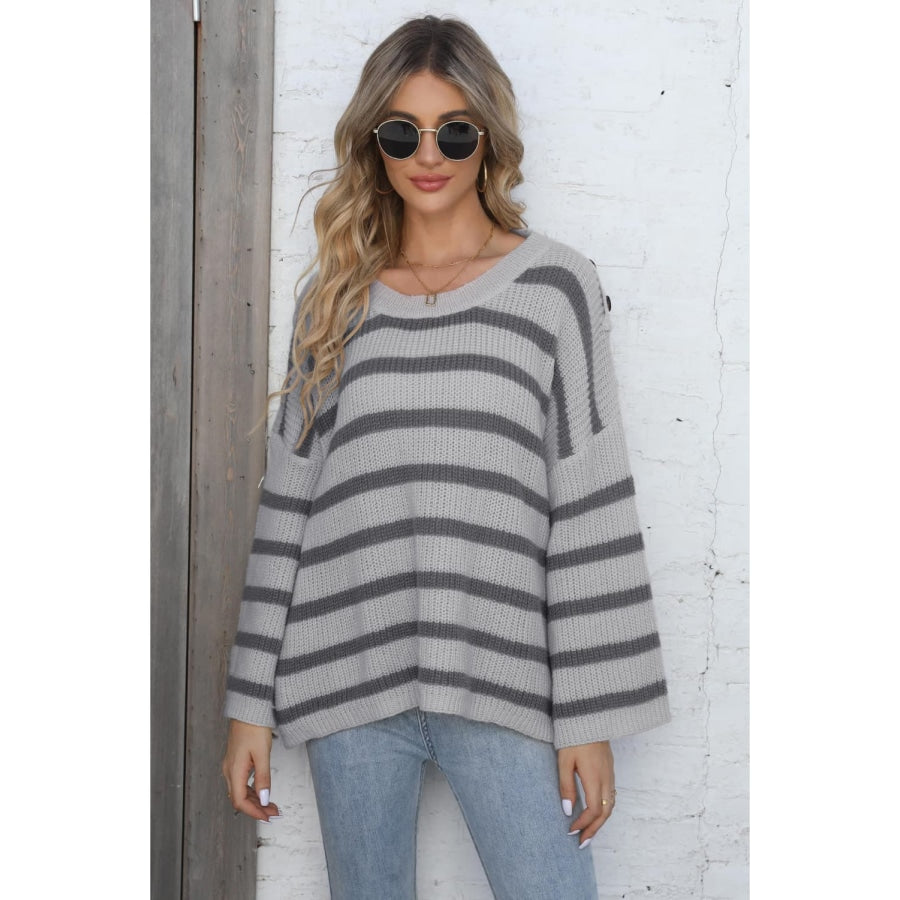 Round Neck Dropped Shoulder Striped Sweater Light Gray / One Size