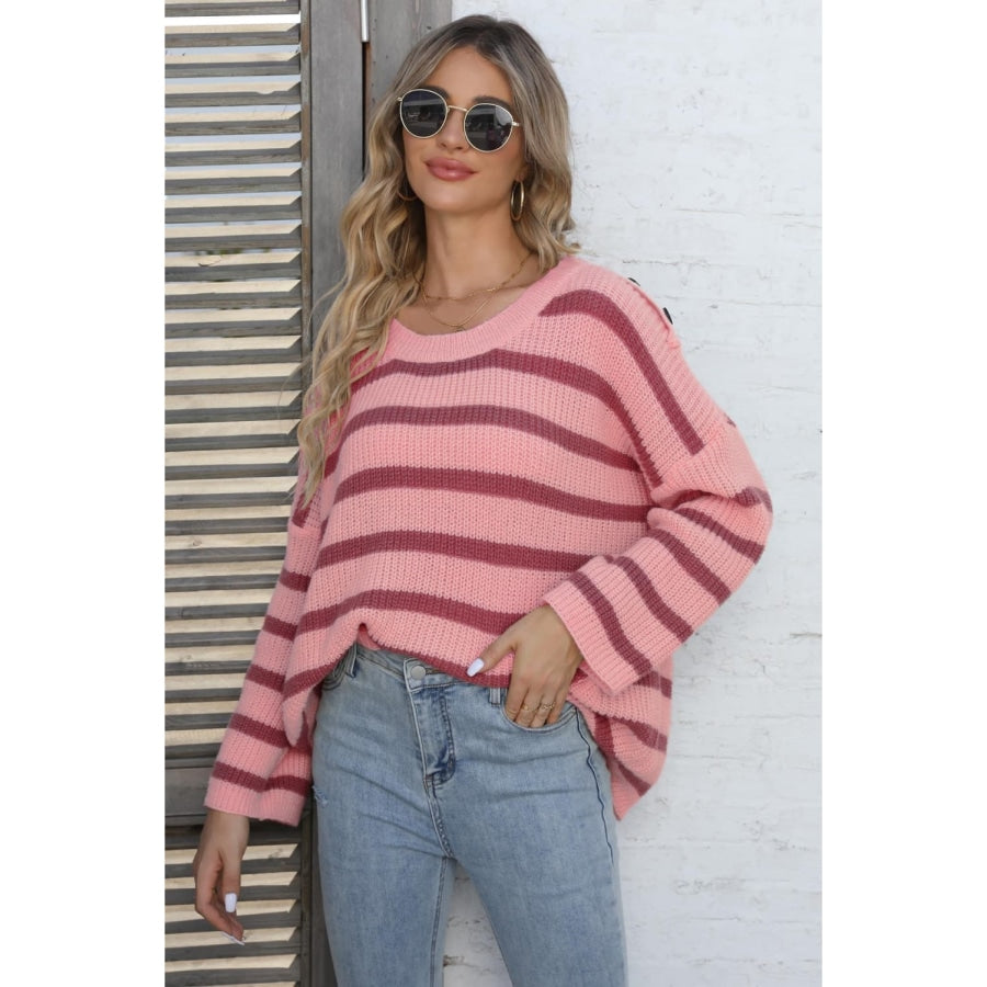 Round Neck Dropped Shoulder Striped Sweater