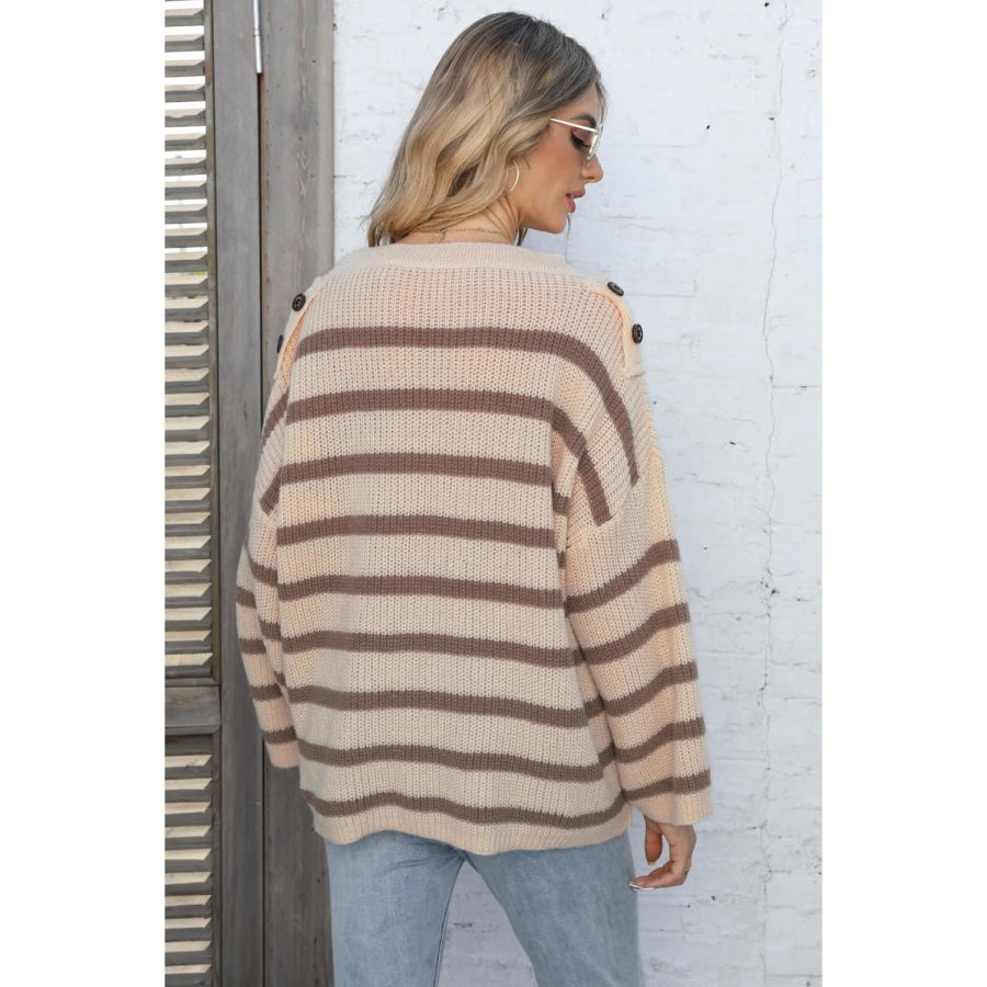 Round Neck Dropped Shoulder Striped Sweater