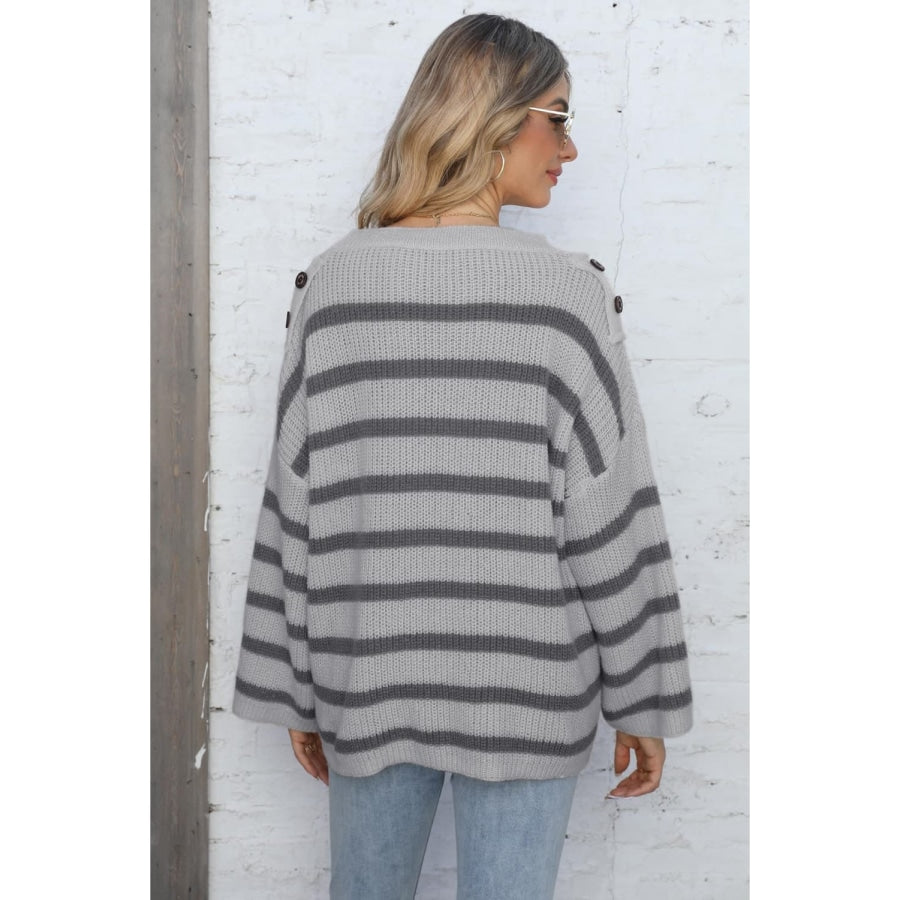 Round Neck Dropped Shoulder Striped Sweater