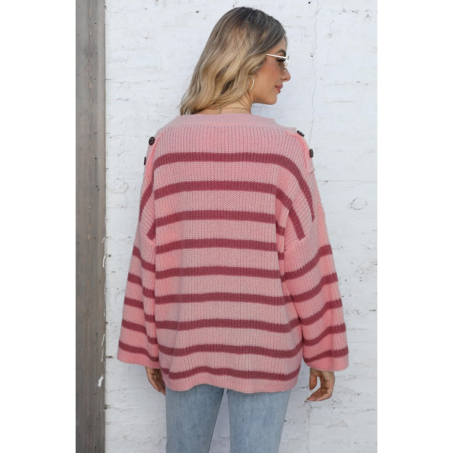 Round Neck Dropped Shoulder Striped Sweater Carnation Pink / One Size