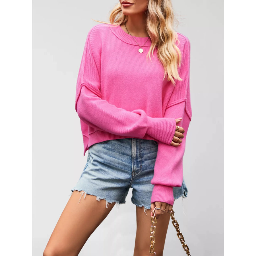 Round Neck Dropped Shoulder Sweater Apparel and Accessories