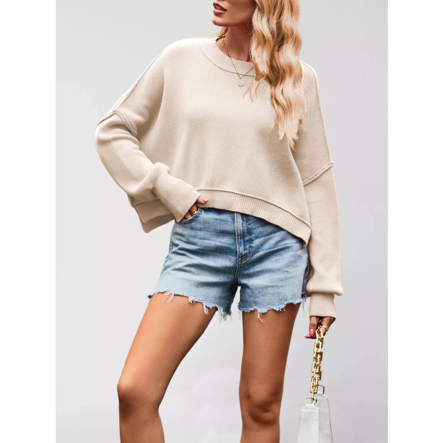 Round Neck Dropped Shoulder Sweater Apparel and Accessories