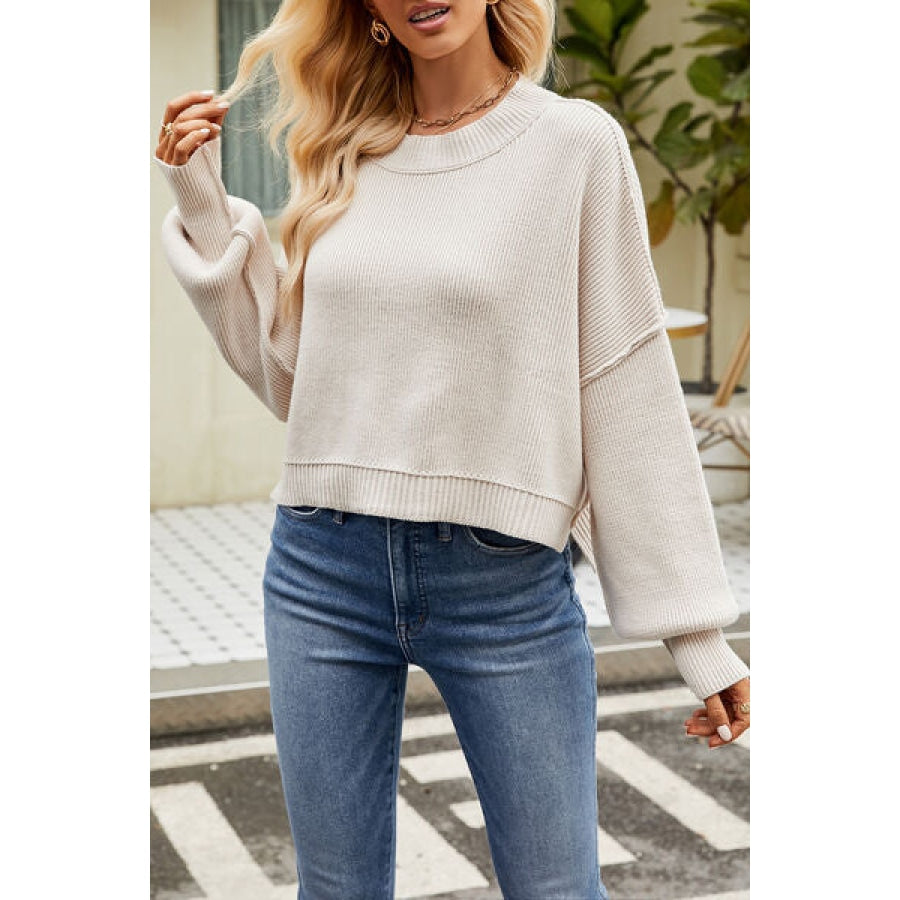Round Neck Dropped Shoulder Sweater Beige / XS Apparel and Accessories