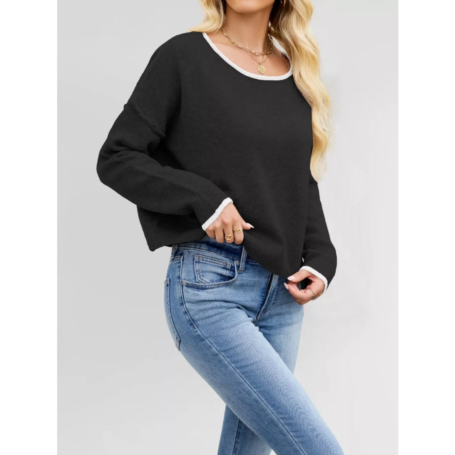 Round Neck Dropped Shoulder Sweater Apparel and Accessories