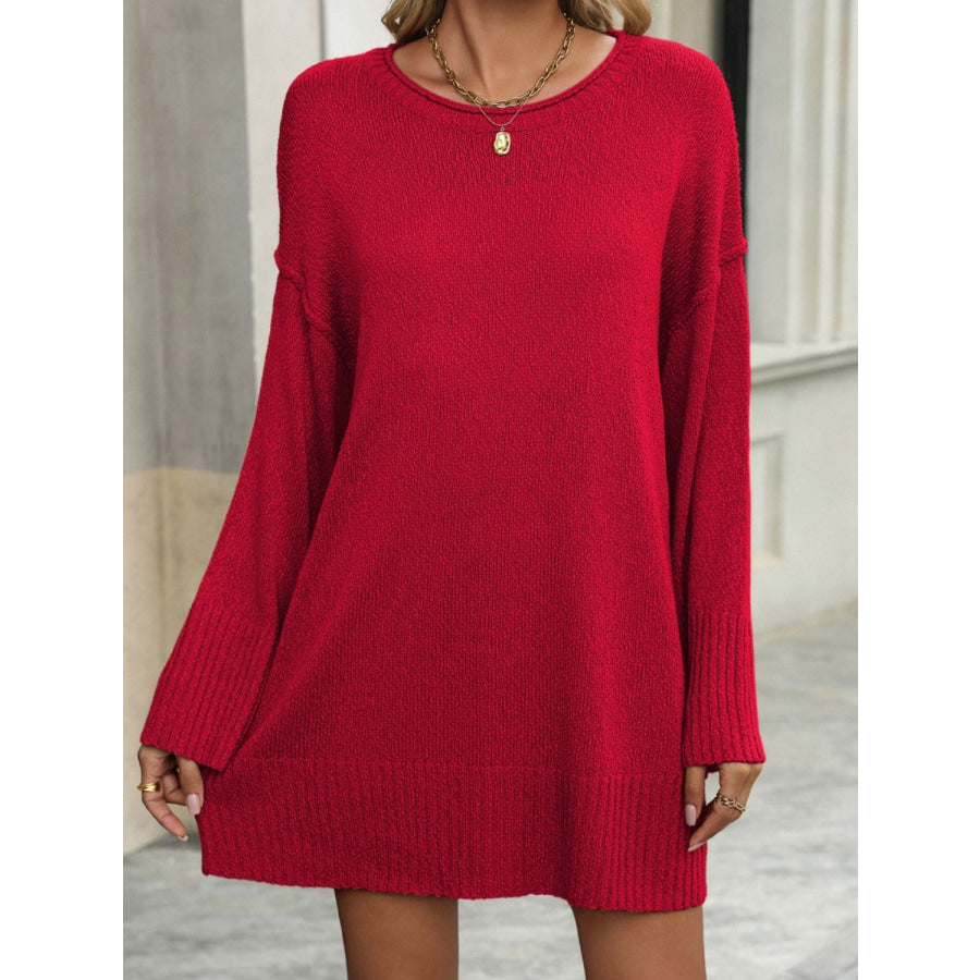 Round Neck Dropped Shoulder Sweater Apparel and Accessories