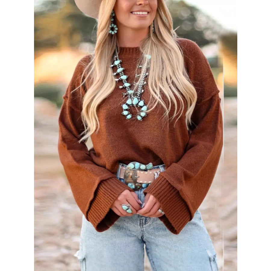 Round Neck Dropped Shoulder Sweater Apparel and Accessories