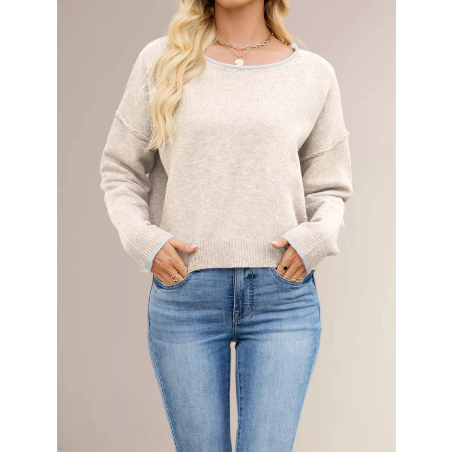 Round Neck Dropped Shoulder Sweater Apricot / S Apparel and Accessories