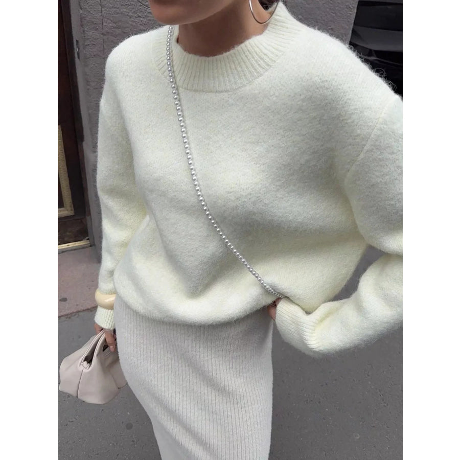 Round Neck Dropped Shoulder Sweater Beige / One Size Apparel and Accessories