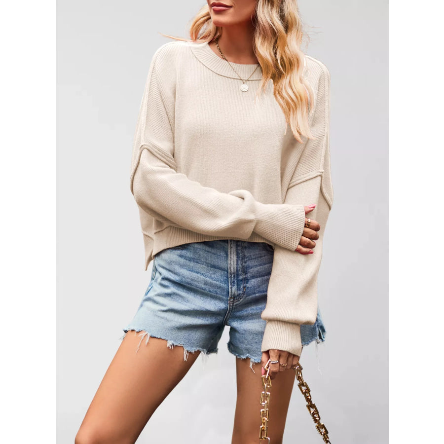Round Neck Dropped Shoulder Sweater Beige / S Apparel and Accessories