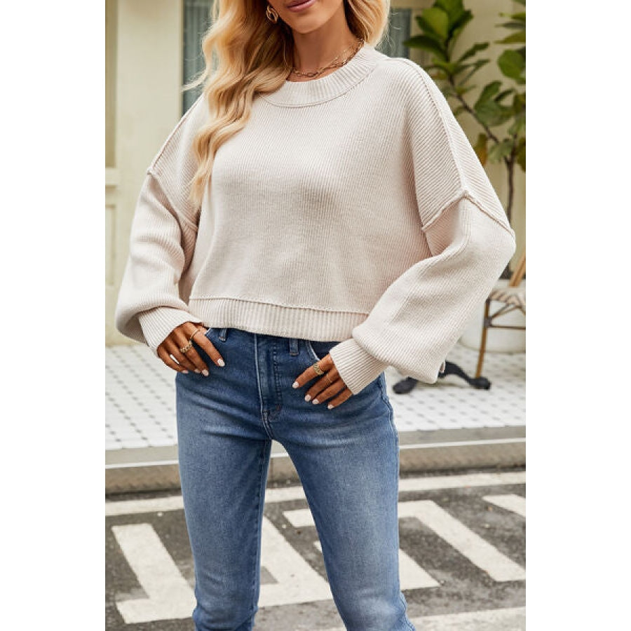 Round Neck Dropped Shoulder Sweater Beige / XS Apparel and Accessories