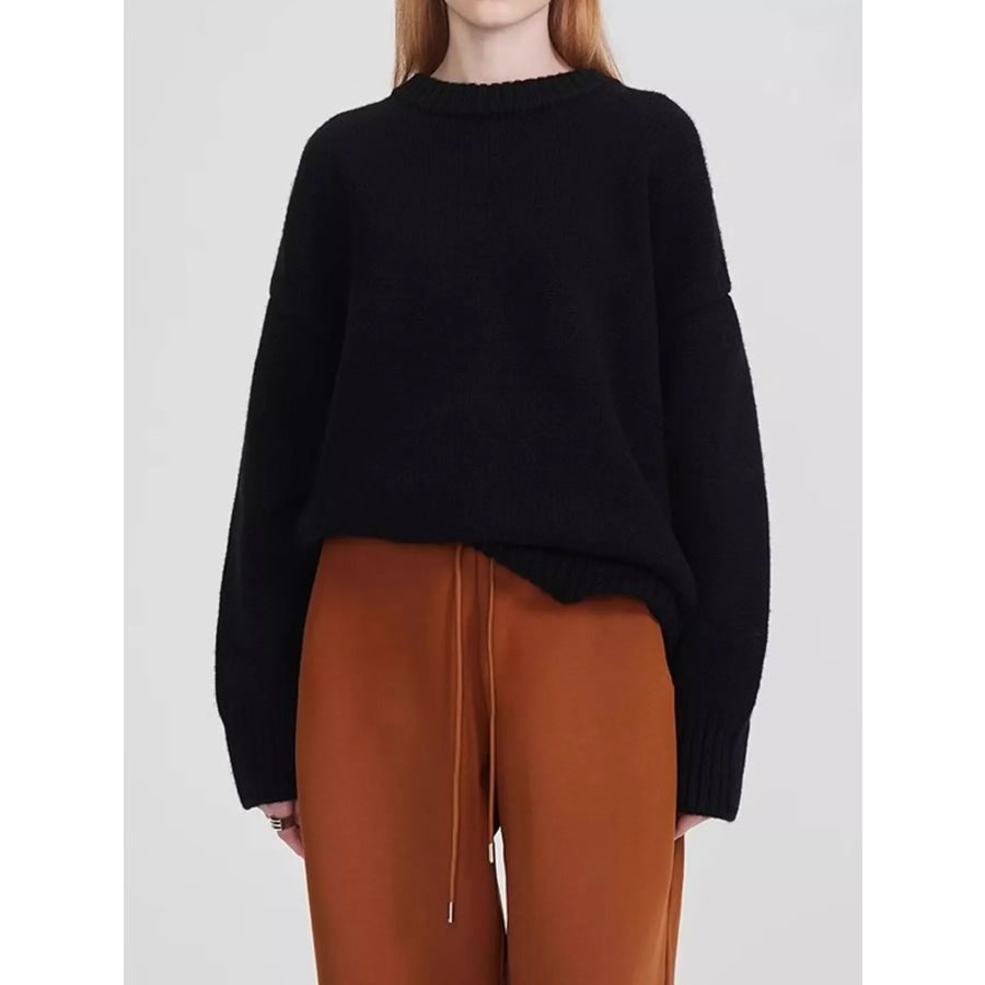 Round Neck Dropped Shoulder Sweater Black / M Apparel and Accessories