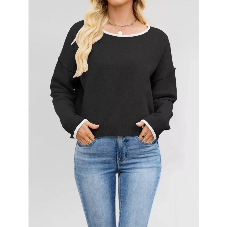 Round Neck Dropped Shoulder Sweater Black / S Apparel and Accessories
