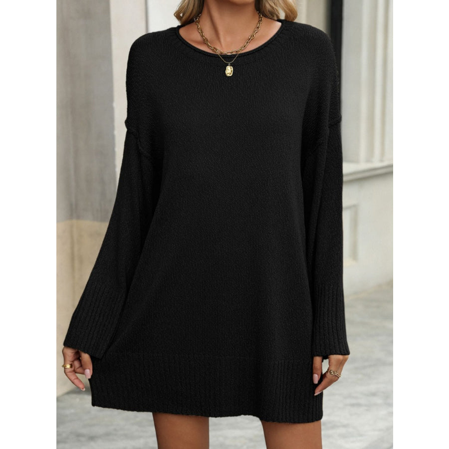 Round Neck Dropped Shoulder Sweater Black / S Apparel and Accessories