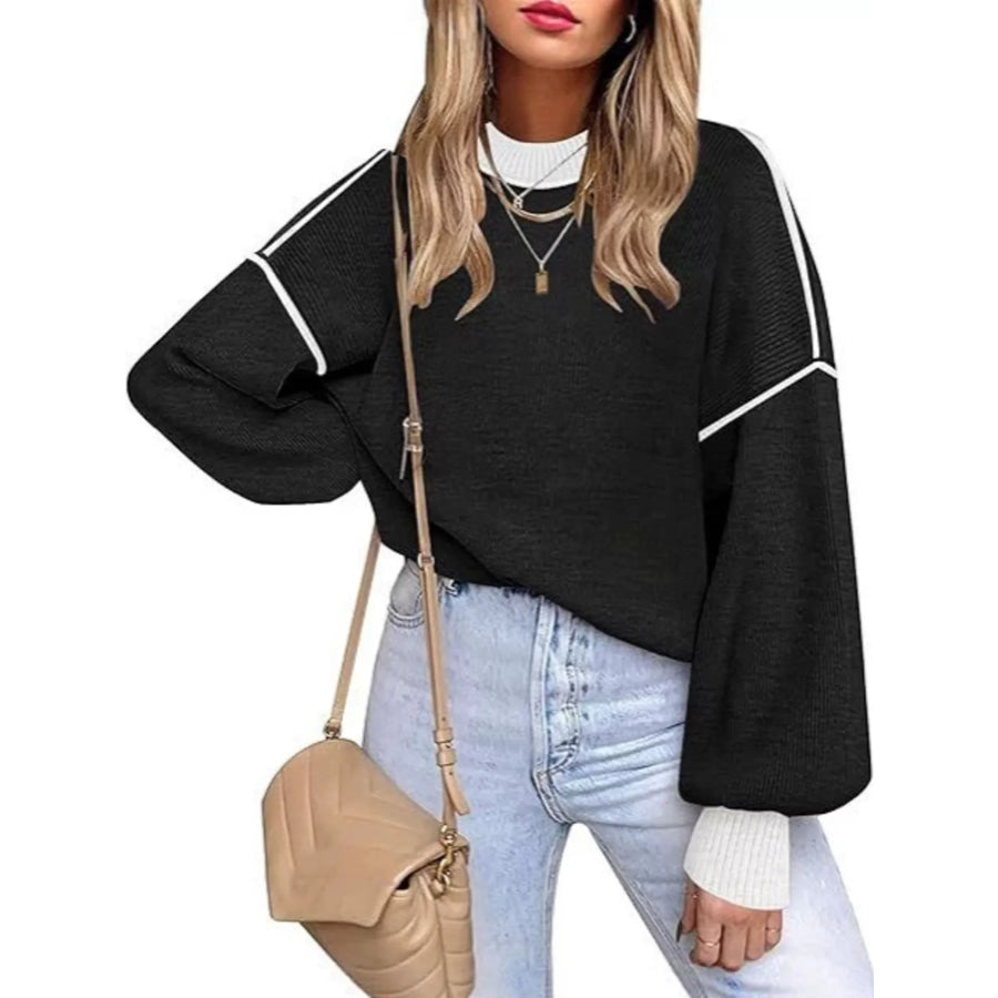 Round Neck Dropped Shoulder Sweater Black / S Apparel and Accessories