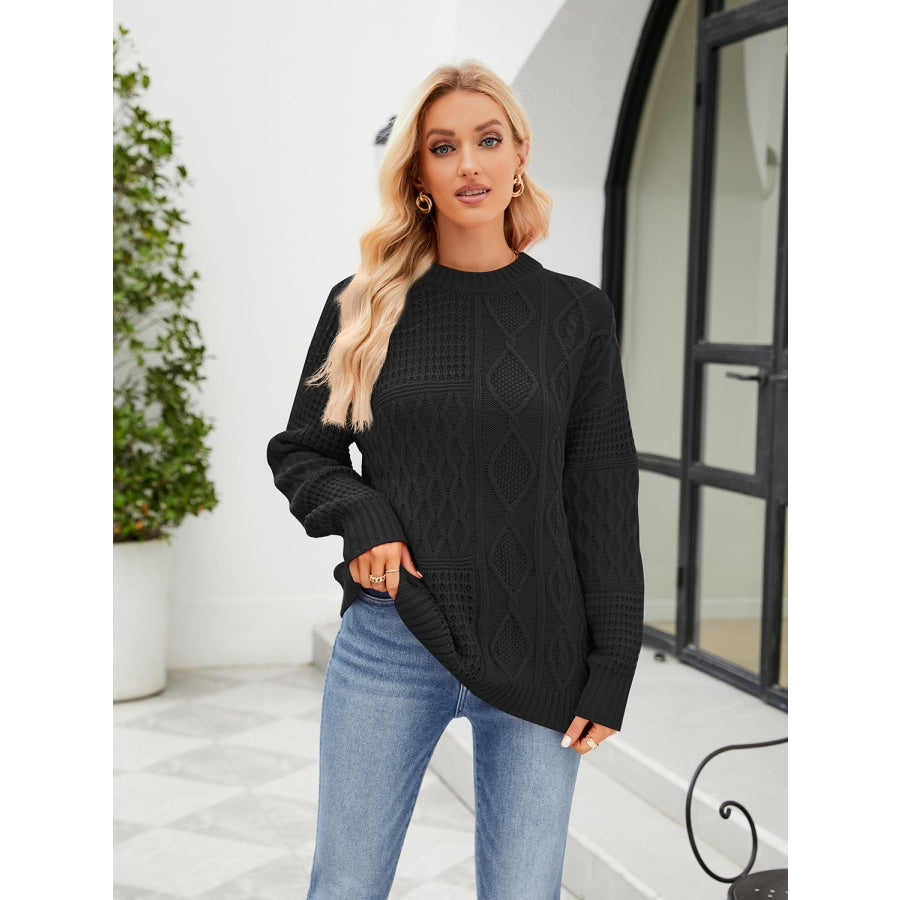 Round Neck Dropped Shoulder Sweater Black / S