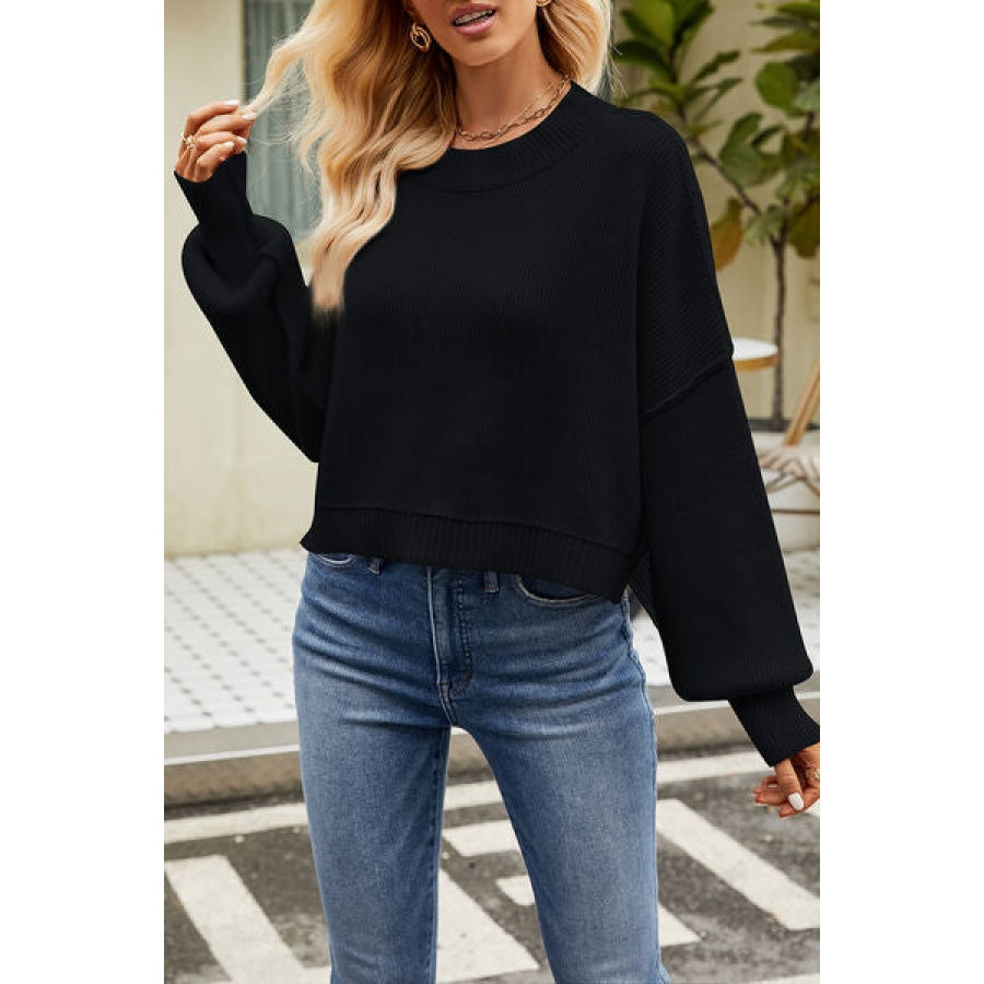 Round Neck Dropped Shoulder Sweater Black / XS Apparel and Accessories
