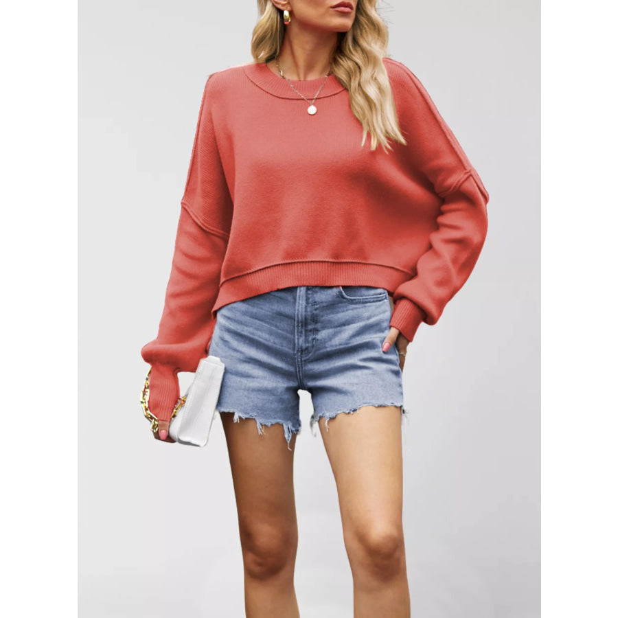 Round Neck Dropped Shoulder Sweater Burnt Coral / S Apparel and Accessories