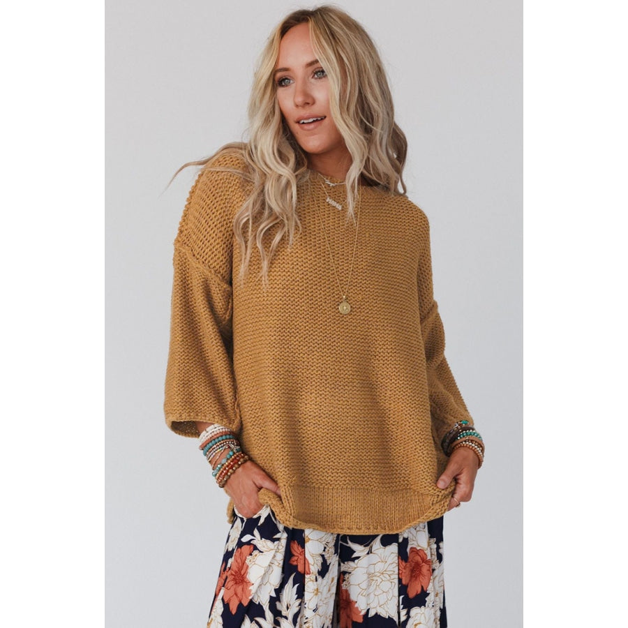 Round Neck Dropped Shoulder Sweater Caramel / S