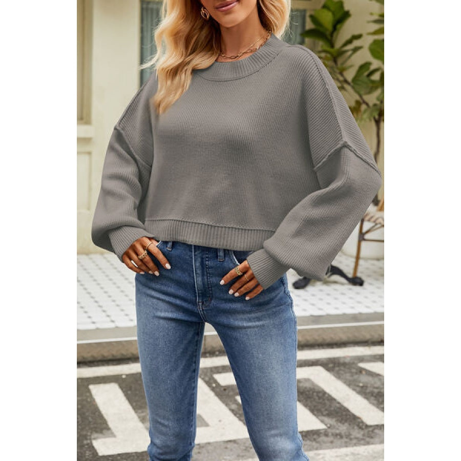 Round Neck Dropped Shoulder Sweater Charcoal / XS Apparel and Accessories