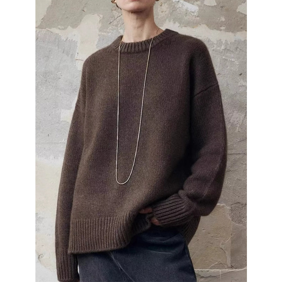 Round Neck Dropped Shoulder Sweater Coffee / M Apparel and Accessories