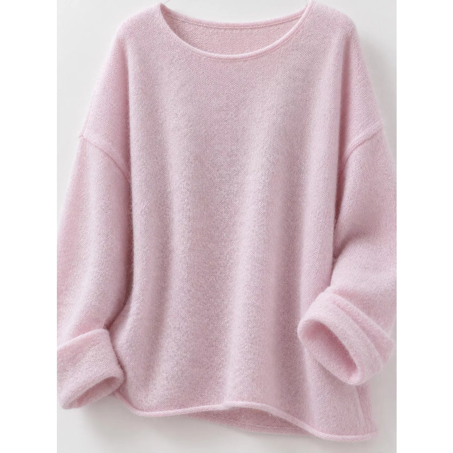 Round Neck Dropped Shoulder Sweater Coffee / One Size Apparel and Accessories