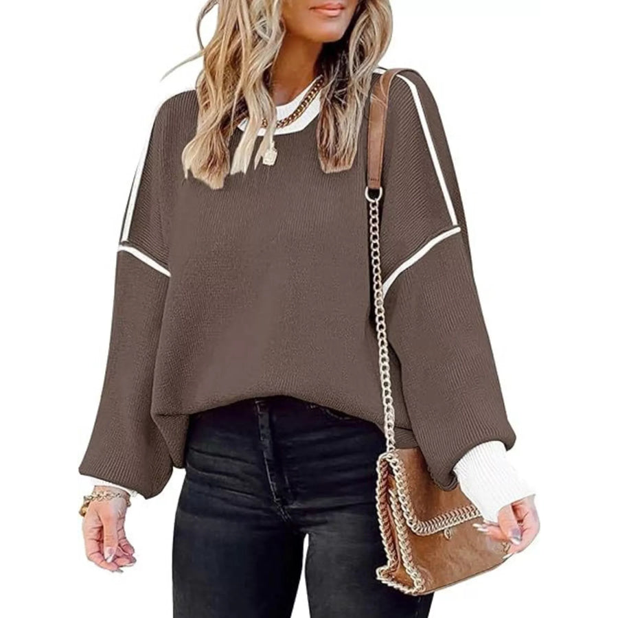 Round Neck Dropped Shoulder Sweater Coffee / S Apparel and Accessories