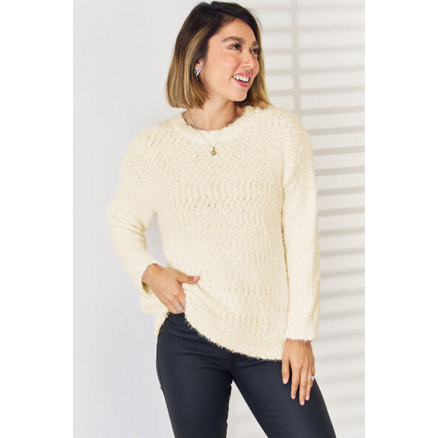Round Neck Dropped Shoulder Sweater Cream / S Apparel and Accessories