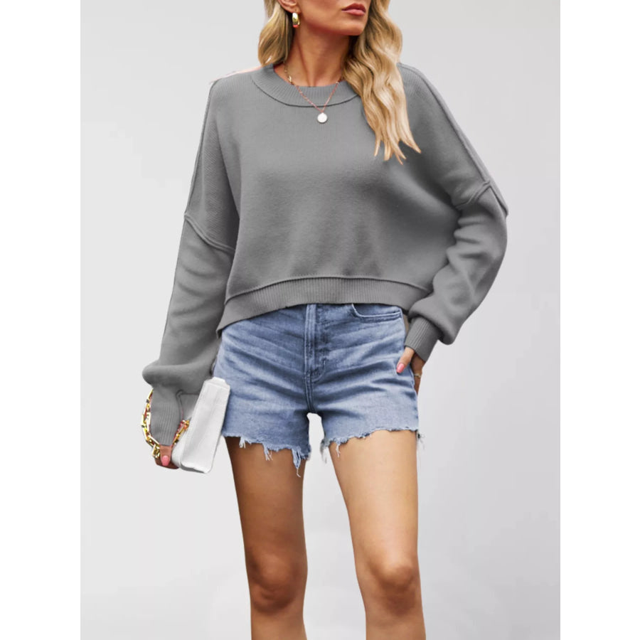 Round Neck Dropped Shoulder Sweater Dark Gray / S Apparel and Accessories