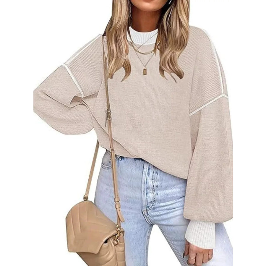 Round Neck Dropped Shoulder Sweater Dust Storm / S Apparel and Accessories