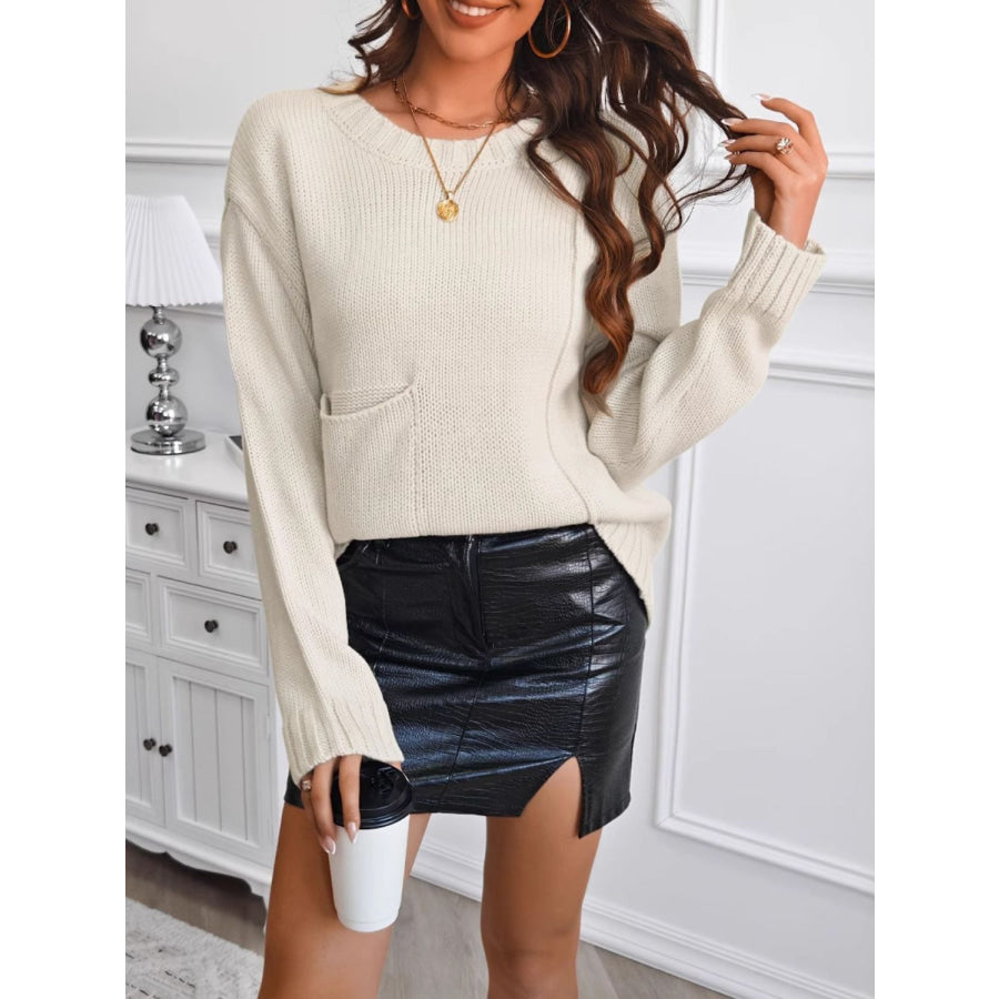 Round Neck Dropped Shoulder Sweater Dust Storm / S Apparel and Accessories