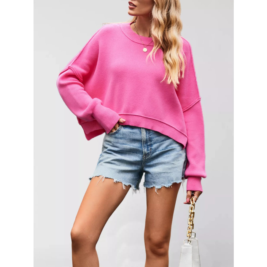 Round Neck Dropped Shoulder Sweater Fuchsia Pink / S Apparel and Accessories