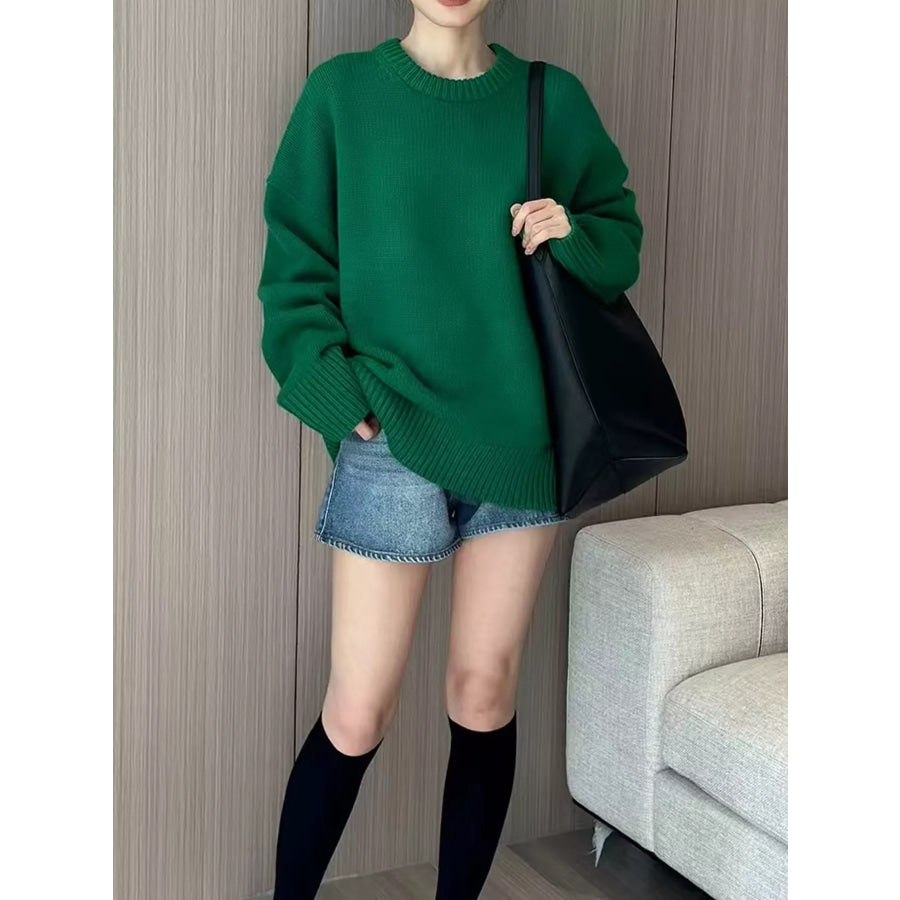 Round Neck Dropped Shoulder Sweater Green / M Apparel and Accessories