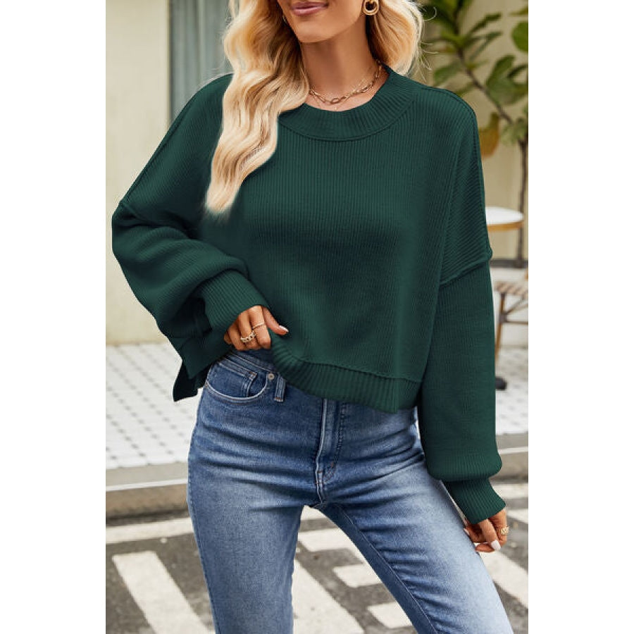 Round Neck Dropped Shoulder Sweater Green / XS Apparel and Accessories