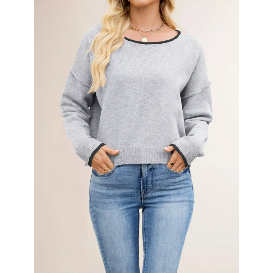 Round Neck Dropped Shoulder Sweater Grey / S Apparel and Accessories