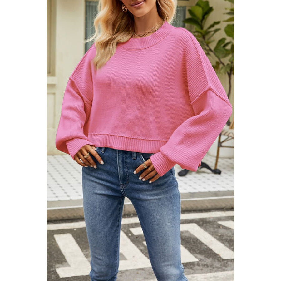 Round Neck Dropped Shoulder Sweater Hot Pink / XS Apparel and Accessories