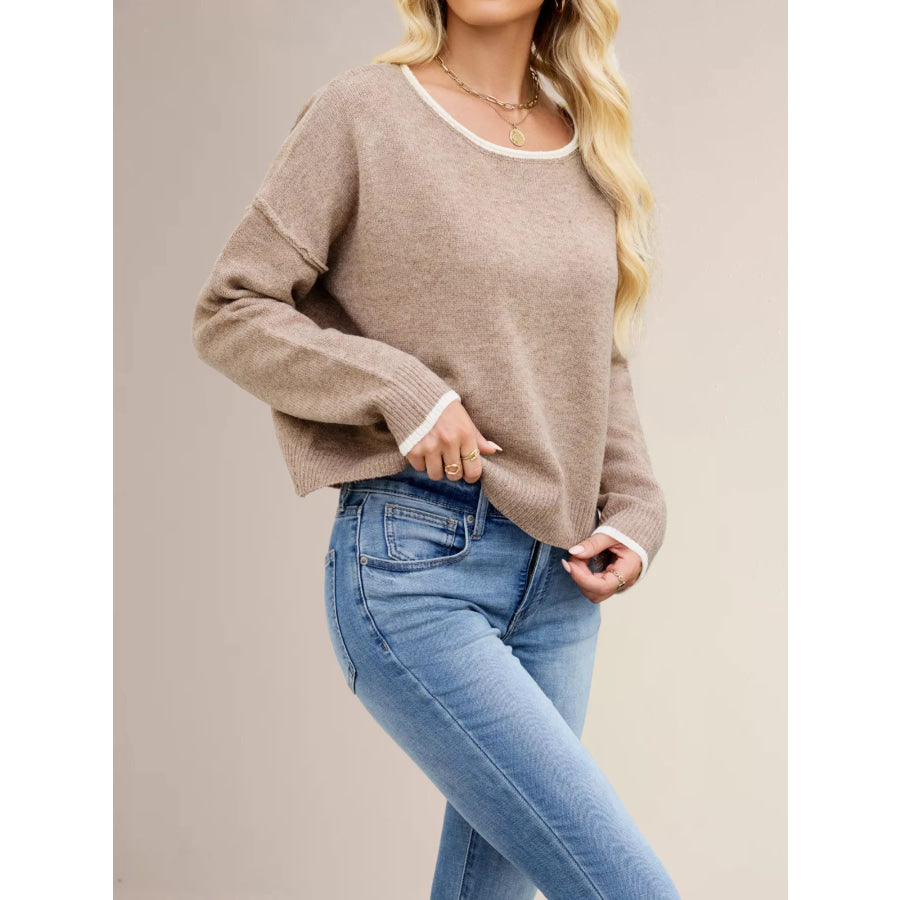 Round Neck Dropped Shoulder Sweater Khaki / S Apparel and Accessories