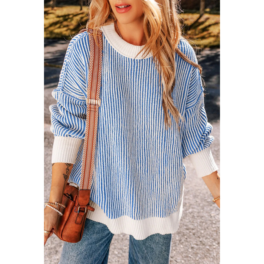 Round Neck Dropped Shoulder Sweater Light Blue / L Apparel and Accessories